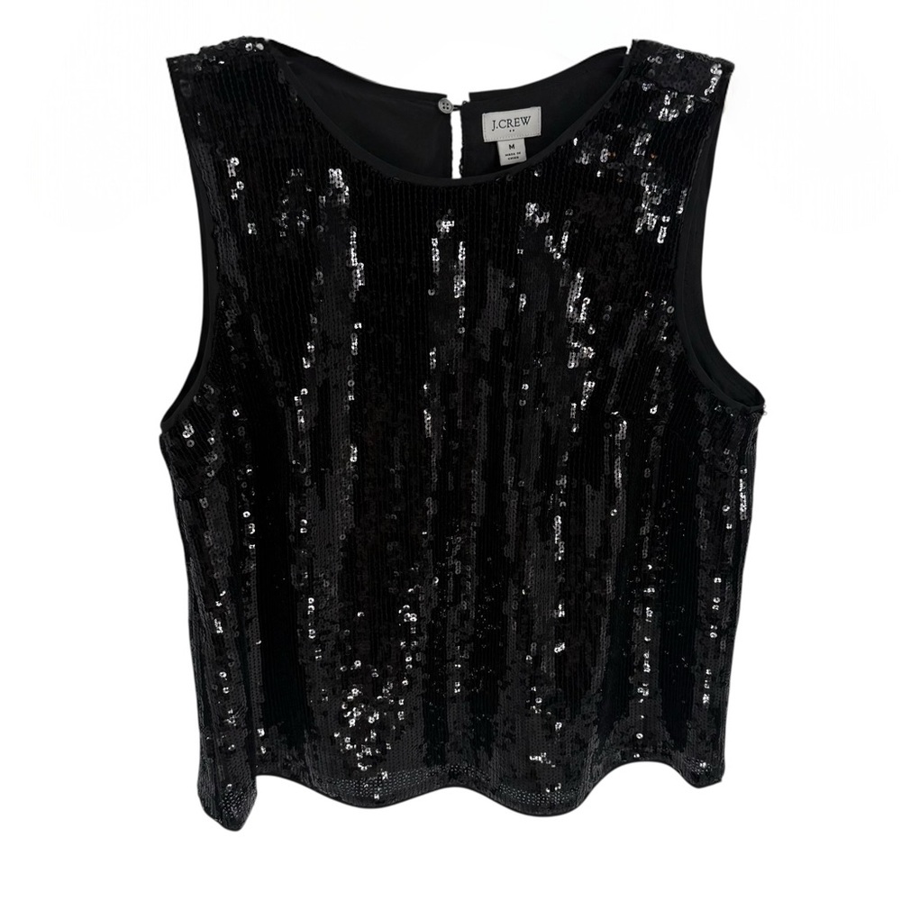J Crew Black Sequin Tank Top Size M Sleeveless Scoop Neck Lined Party Women